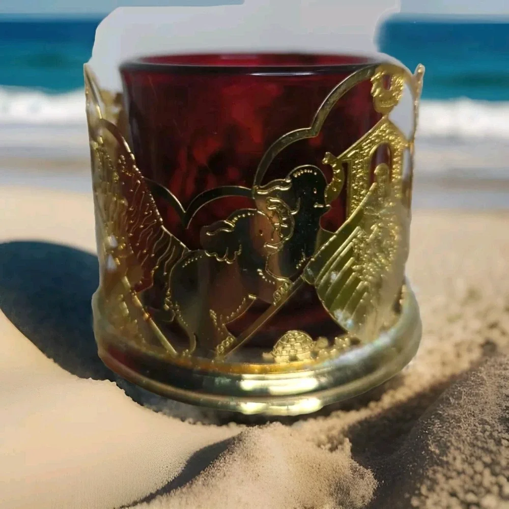 Vtg. Noah's Ark Votive Candle Holder By Dayton. ‎ 24k Gold Finish with Red Glass